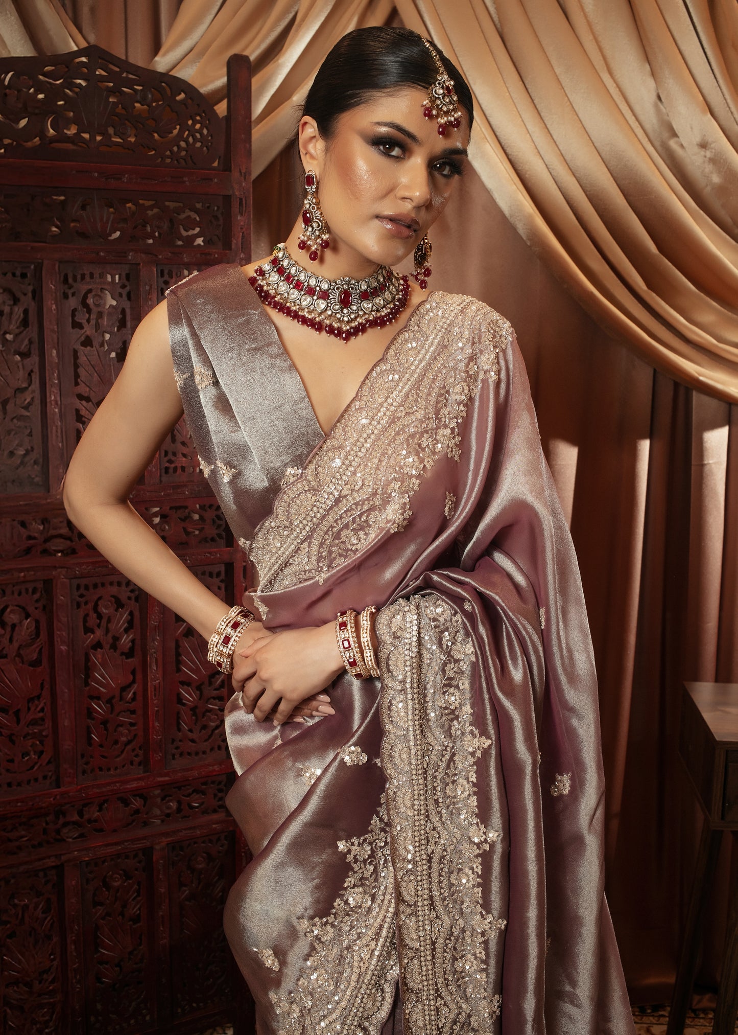Luxury Tissue Silk Beadwork Embroidery Sari YF029